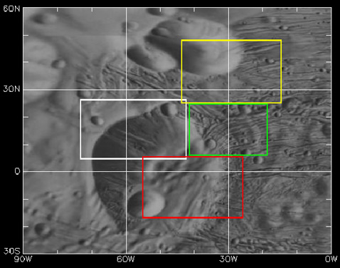 На этом фрагменте карты Фобоса (с координатами широты и долготы) цветами отмечены зоны, отснятые в различных диапазонах спектра. На переднем плане – 9-километровый Стикни, крупнейший кратер на этой луне (иллюстрация с сайта europlanet-eu.org).